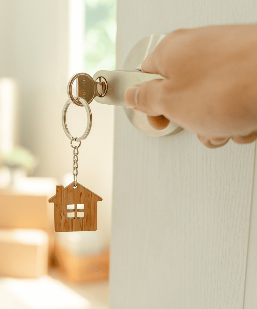 Main tenant une clé dans une porte, avec un porte-clés en forme de maison, symbolisant l'acquisition d'un bien immobilier grâce à Bertrand Motsch, conseiller en immobilier à Longwy et ses environs.